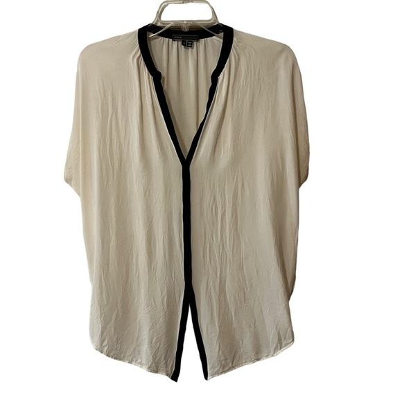 Vince Contrast Placket Blouse in Ivory & Black Small Silk Top Minimalist - Picture 3 of 15